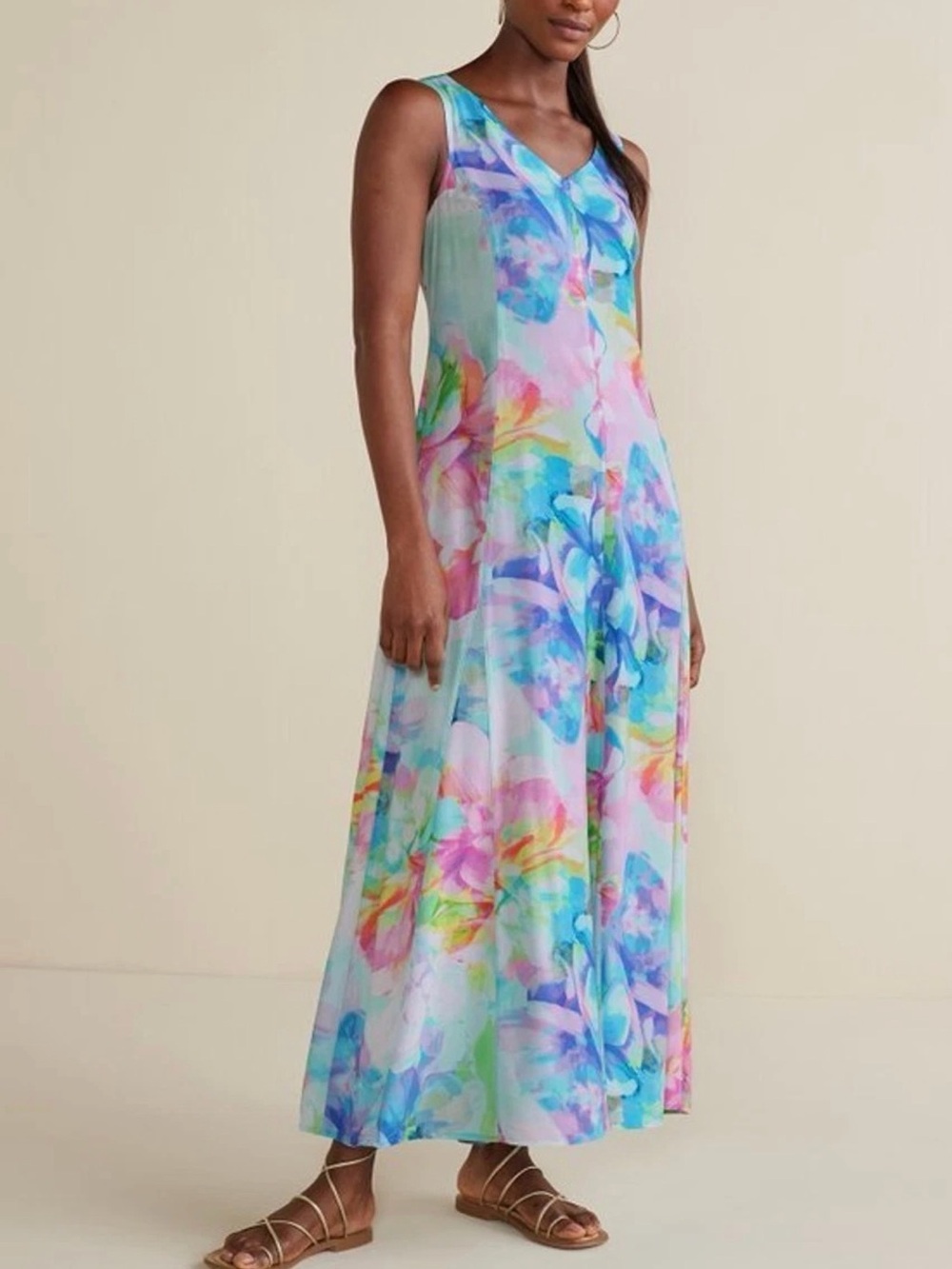 Soft Surroundings Brenda Watercolor Floral Rayon Maxi Dress Pockets Size 10